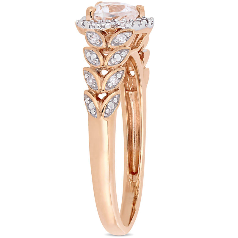 Main Image 3 of 5.0mm Heart-Shaped Lab-Created White Sapphire and 0.055 CT. T.W. Diamond Layered Leaf Shank Ring in 10K Rose Gold