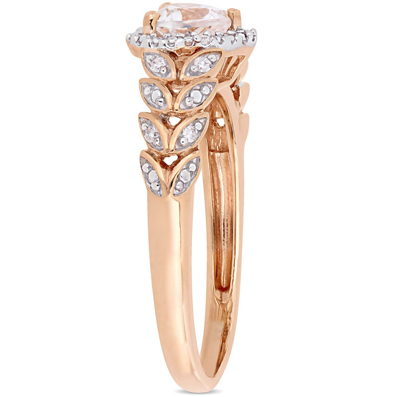 5.0mm Heart-Shaped Lab-Created White Sapphire and 0.055 CT. T.W. Diamond Layered Leaf Shank Ring in 10K Rose Gold