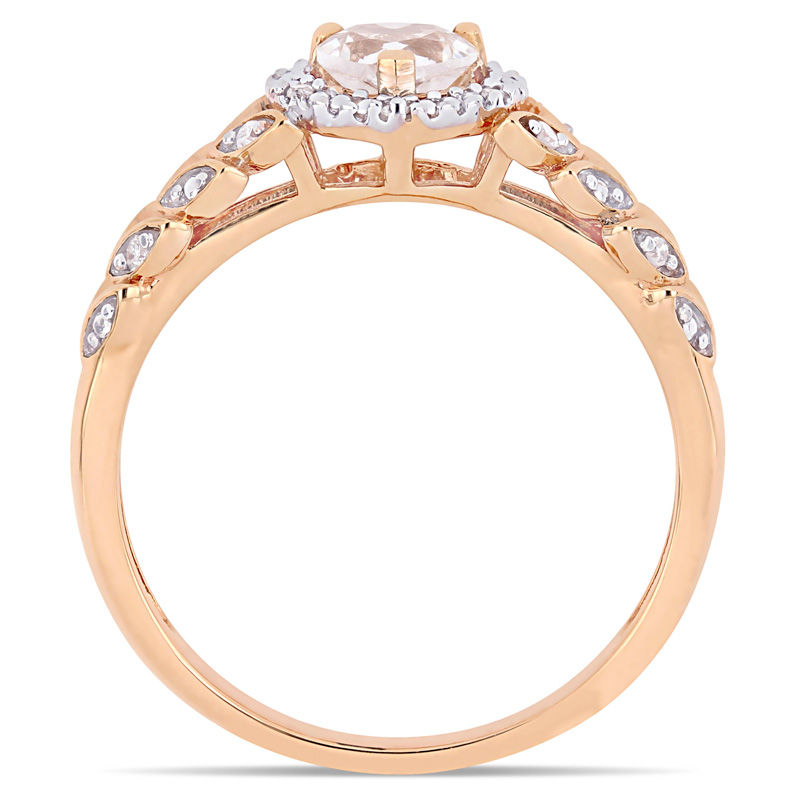 5.0mm Heart-Shaped Lab-Created White Sapphire and 0.055 CT. T.W. Diamond Layered Leaf Shank Ring in 10K Rose Gold