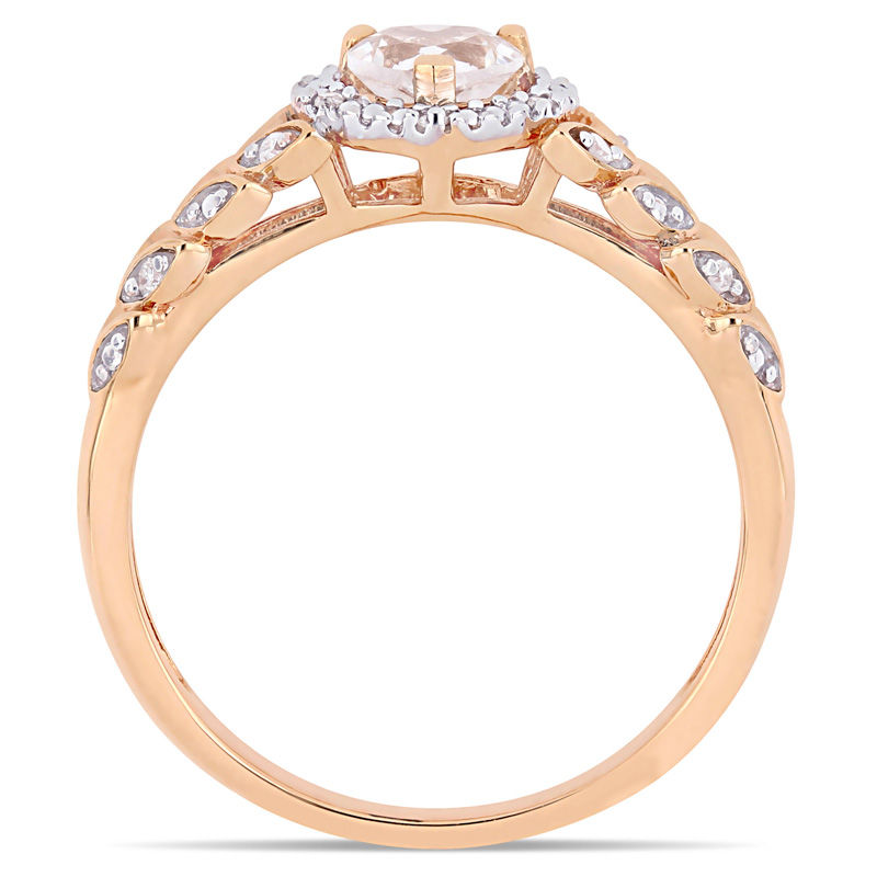 Main Image 4 of 5.0mm Heart-Shaped Lab-Created White Sapphire and 0.055 CT. T.W. Diamond Layered Leaf Shank Ring in 10K Rose Gold