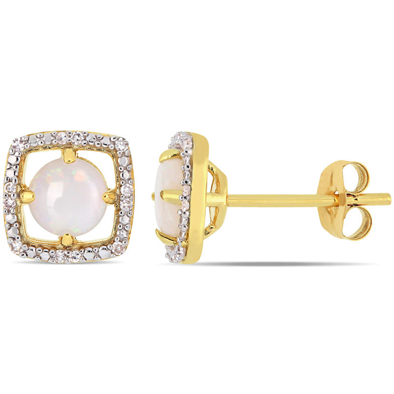 5.0mm Opal and 0.072 CT. T.W. Diamond Cushion Frame Stud Earrings in 10K Gold