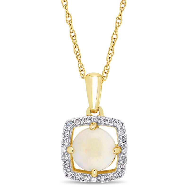 6.0mm Opal and 0.10 CT. T.W. Diamond Cushion Frame Pendant in 10K Gold - 17"