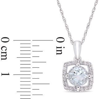 6.0mm Aquamarine and 0.10 CT. T.W. Diamond Cushion Frame Pendant in 10K White Gold - 17"