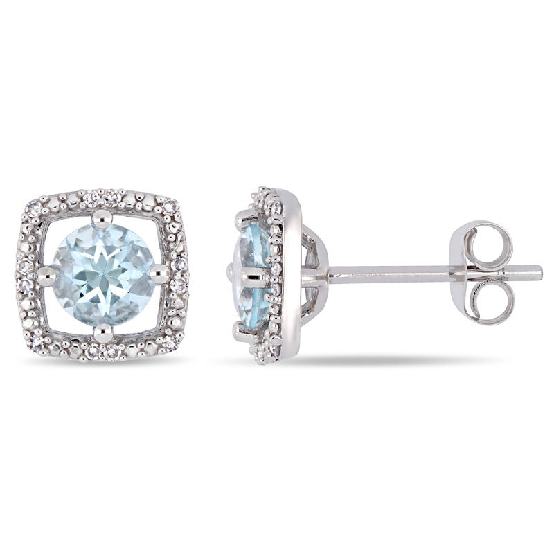 5.0mm Aquamarine and 0.072 CT. T.W. Diamond Cushion Frame Stud Earrings in 10K White Gold|Peoples Jewellers