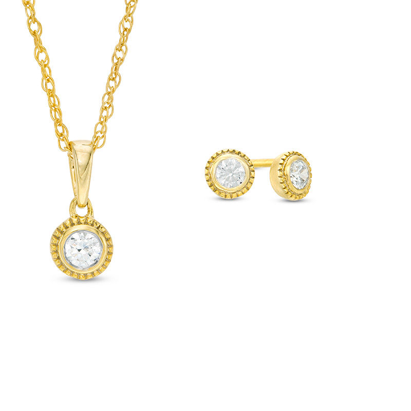 0.23 CT. T.W. Diamond Bezel-Set Solitaire Vintage-Style Pendant and Stud Earrings Set in 10K Gold