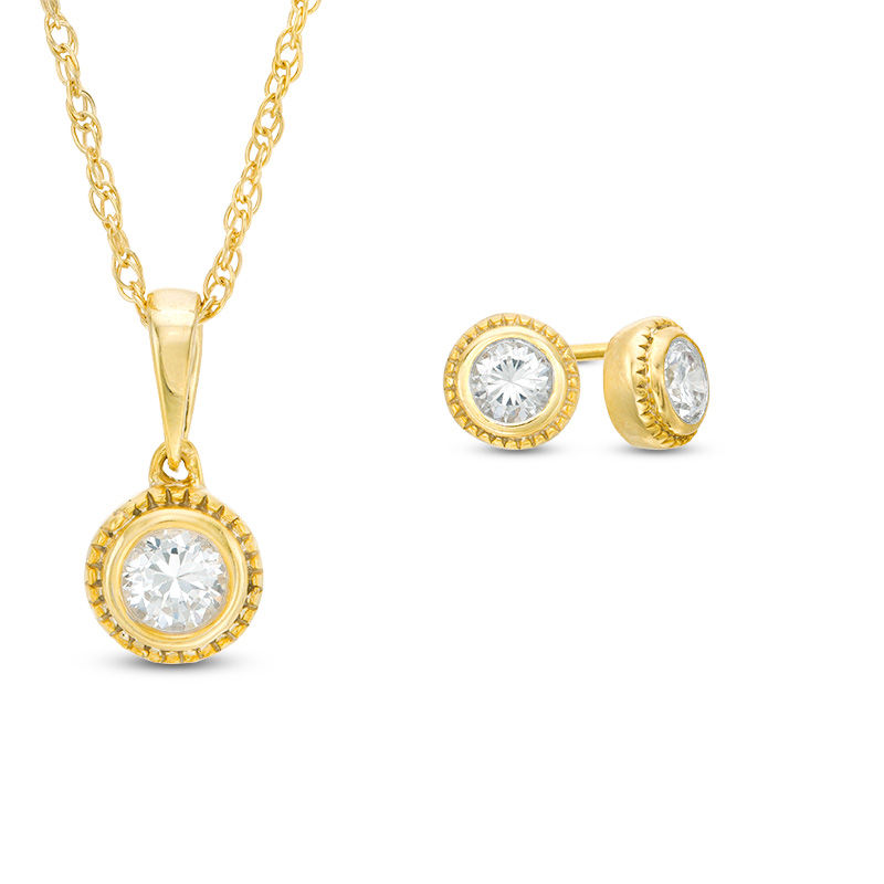 0.45 CT. T.W. Diamond Bezel-Set Solitaire Vintage-Style Pendant and Stud Earrings Set in 10K Gold