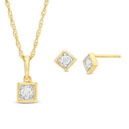 0.23 CT. T.W. Diamond Solitaire Square Pendant and Stud Earrings Set in 10K Gold