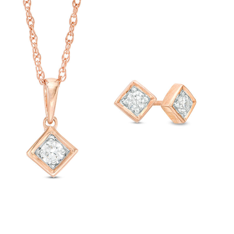 CT. T.W. Diamond Solitaire Tilted Square Pendant and Stud Earrings Set in 10K Rose Gold|Peoples Jewellers
