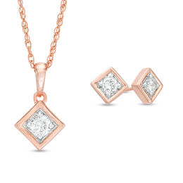 0.45 CT. T.W. Diamond Solitaire Tilted Square Pendant and Stud Earrings Set in 10K Rose Gold