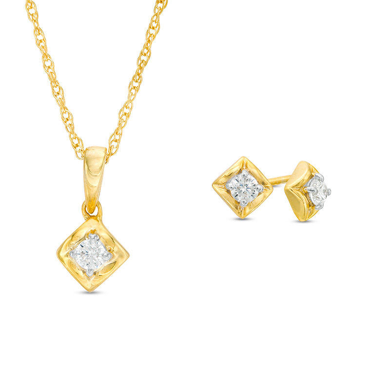 0.23 CT. T.W. Diamond Solitaire Tilted Twist Square Pendant and Stud Earrings Set in 10K Gold