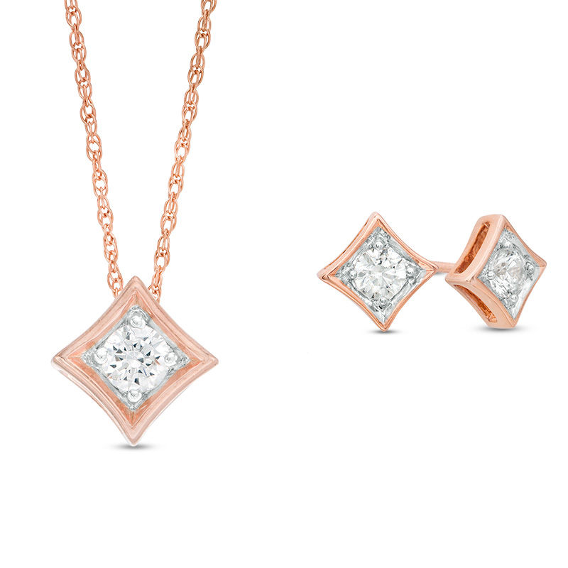 0.23 CT. T.W. Diamond Solitaire Concave Square Pendant and Stud Earrings Set in 10K Rose Gold