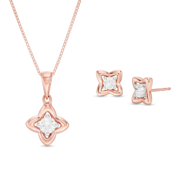 0.45 CT. T.W. Diamond Solitaire Flower Pendant and Stud Earrings Set in 10K Rose Gold