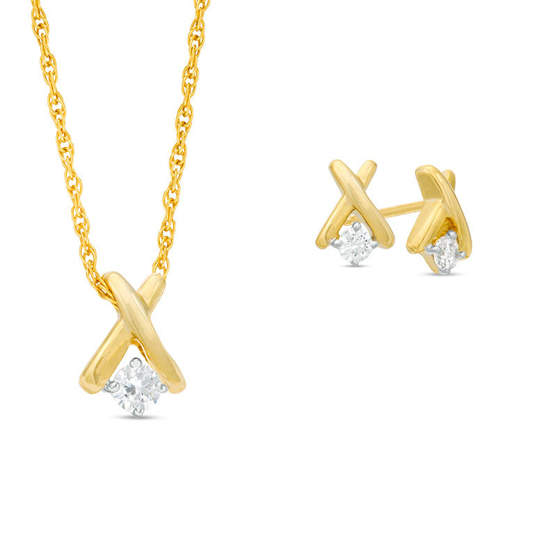 0.23 CT. T.W. Diamond Solitaire "X" Pendant and Stud Earrings Set in 10K Gold