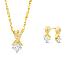 0.23 CT. T.W. Diamond Solitaire Crossover Pendant and Stud Earrings Set in 10K Gold