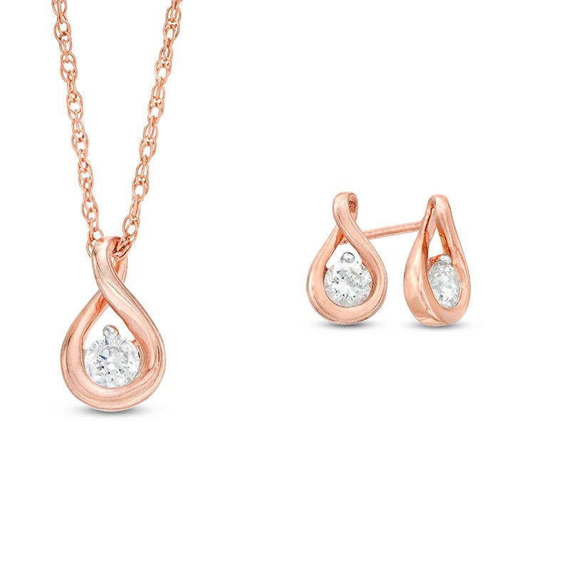 0.45 CT. T.W. Diamond Solitaire Teardrop Twist Pendant and Stud Earrings Set in 10K Rose Gold