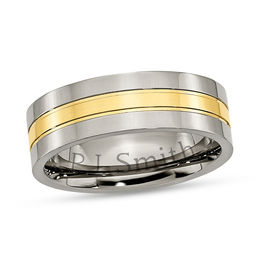 7.0mm Engravable Polished Wedding Band in Titanium with 14K Gold Plate Inlay (2 Lines)