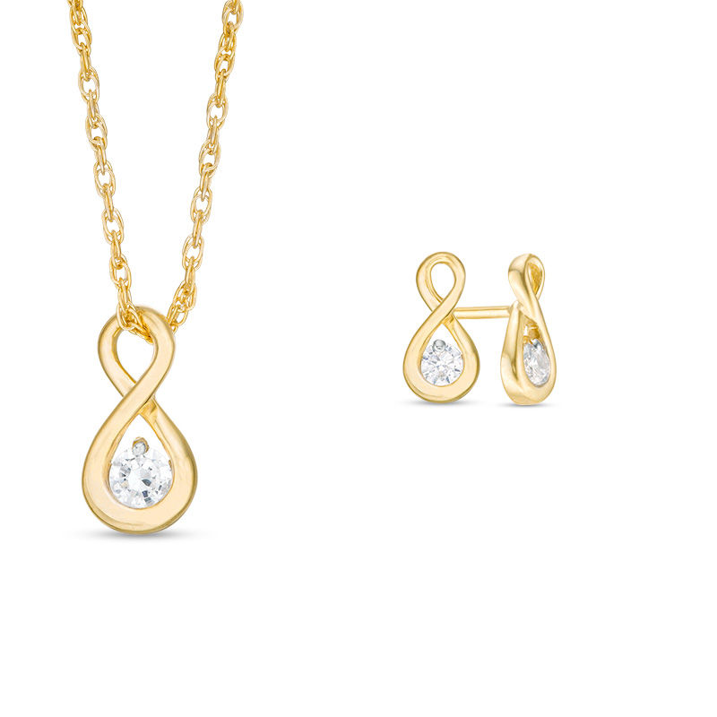 0.23 CT. T.W. Diamond Solitaire Infinity Pendant and Stud Earrings Set in 10K Gold
