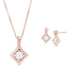 0.45 CT. T.W. Diamond Solitaire Tilted Square Twist Pendant and Stud Earrings Set in 10K Rose Gold