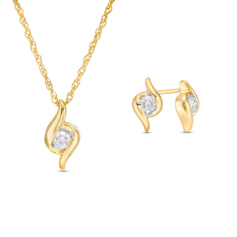 0.23 CT. T.W. Diamond Channel-Set Solitaire Bypass Flame Pendant and Stud Earrings Set in 10K Gold