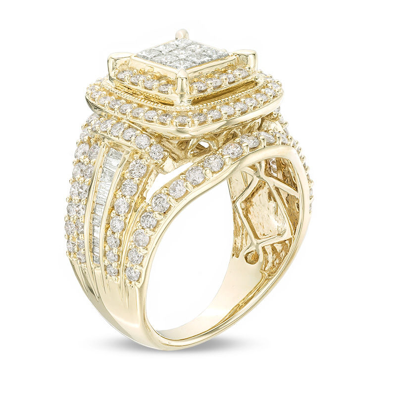 2.00 CT. T.W. Princess-Cut Composite Diamond Double Frame Multi-Row Vintage-Style Engagement Ring in 10K Gold