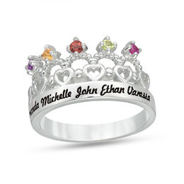 Mother's Birthstone and Beaded Engravable Crown with Hearts Ring (3-5 Stones and Names)