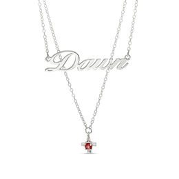 3.0mm Birthstone Cross Charm Script Name Double Strand Necklace (1 Stone and Name)