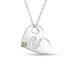 Birthstone and Script Initial Engravable Tilted Double Heart Cut-Out Pendant (1 Stone and Initial)
