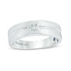 Thumbnail Image 0 of Vera Wang Love Collection Men’s 0.07 CT. Square Diamond Solitaire Centre Groove Wedding Band in 14K White Gold