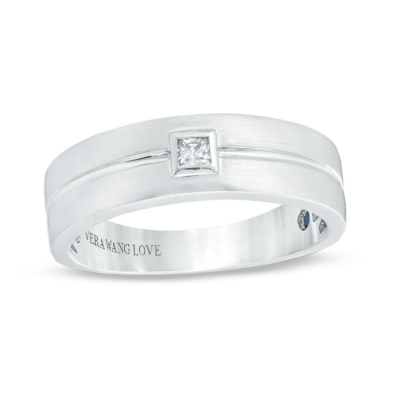 Vera Wang Love Collection Men’s 0.07 CT. Square Diamond Solitaire Centre Groove Wedding Band in 14K White Gold