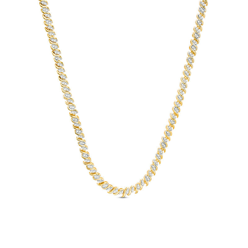 1.00 CT. T.W. Diamond Two-Stone "S" Curve Tennis Necklace in Sterling Silver with Yellow Rhodium - 17"|Peoples Jewellers