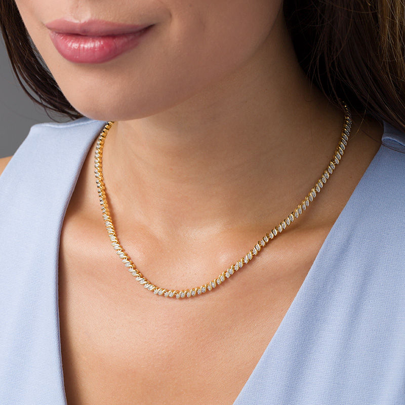 Main Image 2 of 1.00 CT. T.W. Diamond Two-Stone "S" Curve Tennis Necklace in Sterling Silver with Yellow Rhodium - 17"