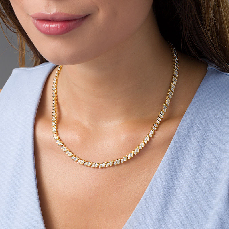 Main Image 2 of 1.98 CT. T.W. Diamond Two-Stone "S" Curve Tennis Necklace in Sterling Silver with Yellow Rhodium - 17"
