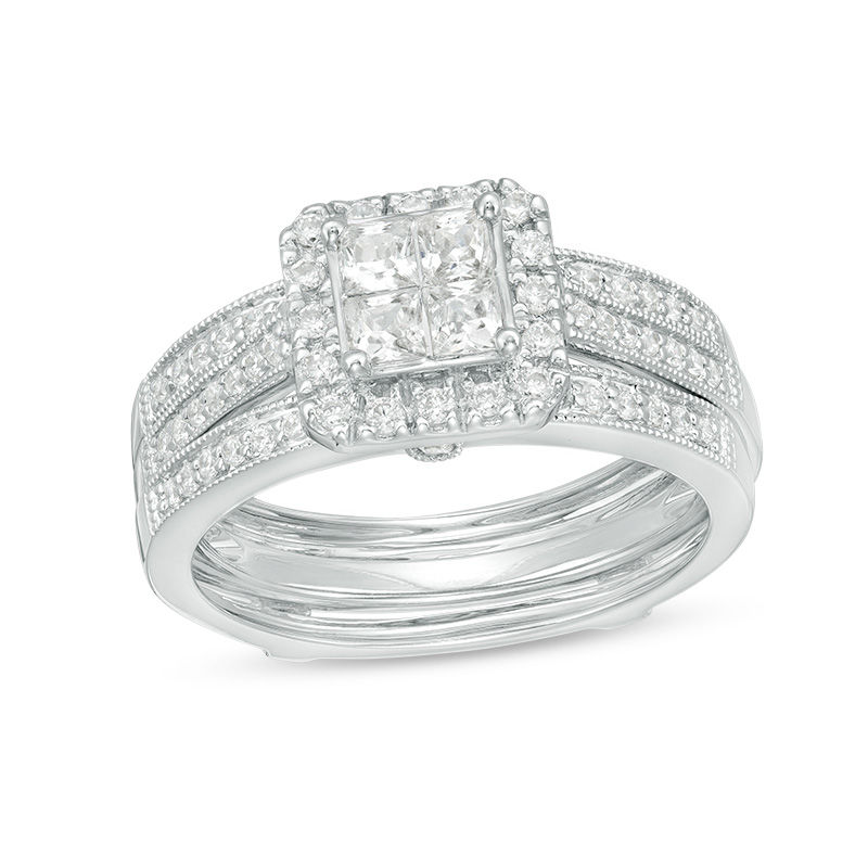 0.75 CT. T.W. Quad Princess-Cut Diamond Frame Vintage-Style Bridal Set in 10K White Gold