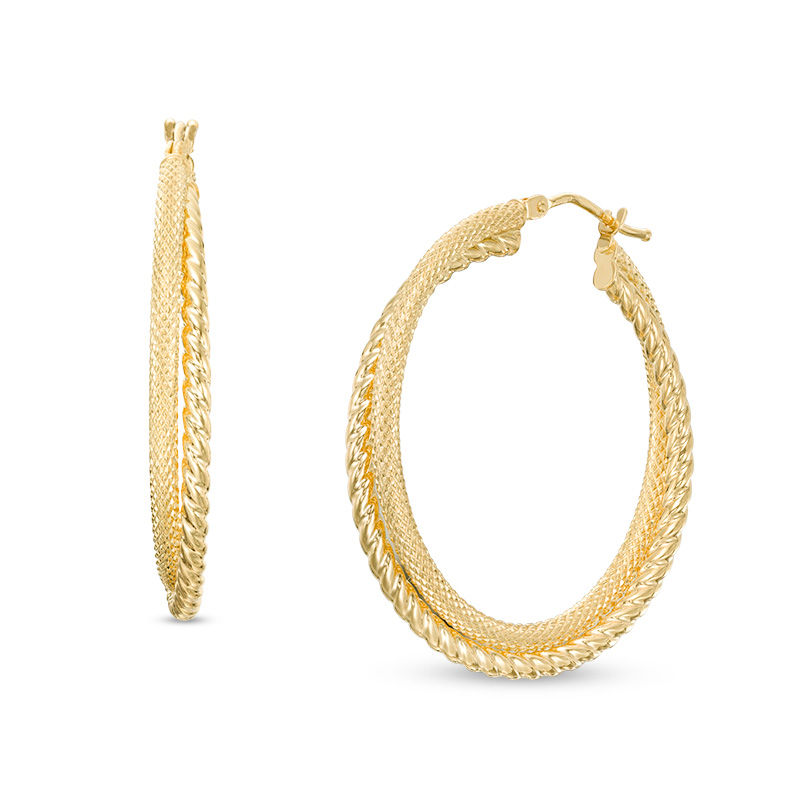 Italian Gold 30.0mm Diamond-Cut and Ribbed Hoop Earrings in 14K Gold