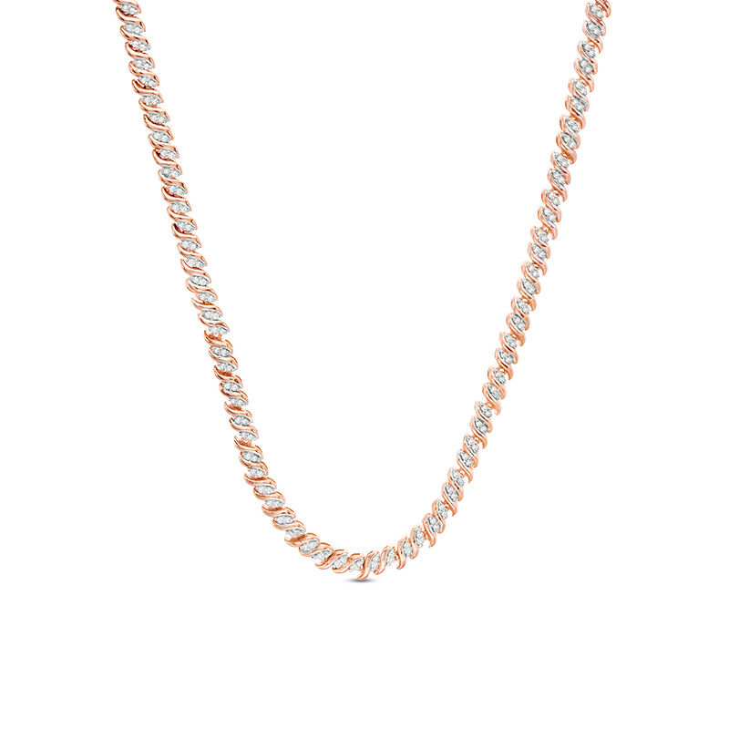 Main Image 1 of 1.00 CT. T.W. Diamond Two-Stone "S" Curve Tennis Necklace in Sterling Silver with Rose Rhodium - 17"