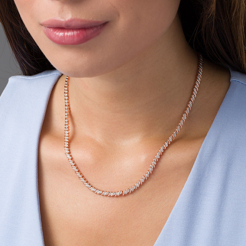Main Image 2 of 1.00 CT. T.W. Diamond Two-Stone "S" Curve Tennis Necklace in Sterling Silver with Rose Rhodium - 17"
