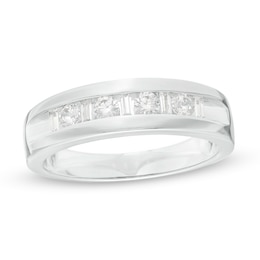 0.50 CT. T.W. Baguette and Round Diamond Wedding Band in 10K White Gold