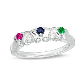 Mother's Birthstone and White Sapphire Zig-Zag Ring (3 Stones and Names)