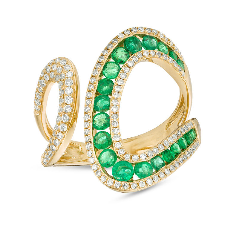 EFFY™ Collection Emerald and 0.43 CT. T.W. Diamond Open Loop Shank Wrap Ring in 14K Gold