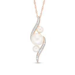 Freshwater Cultured Pearl and 0.13 CT. T.W. Diamond Three Stone Bypass Pendant in 10K Rose Gold-17"