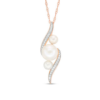 Freshwater Cultured Pearl and 0.13 CT. T.W. Diamond Three Stone Bypass Pendant in 10K Rose Gold-17"