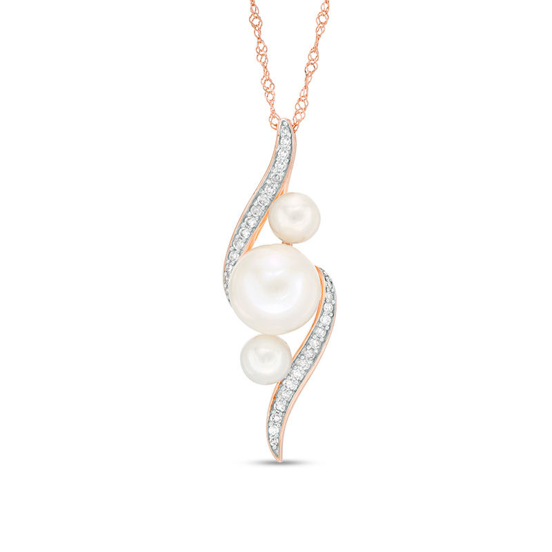 Cultured Freshwater Pearl and 0.13 CT. T.W. Diamond Three Stone Bypass Pendant in 10K Rose Gold - 17"