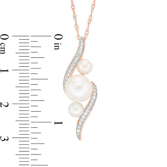 Freshwater Cultured Pearl and 0.13 CT. T.W. Diamond Three Stone Bypass Pendant in 10K Rose Gold-17"