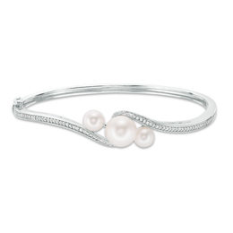 Cultured Freshwater Pearl and Lab-Created White Sapphire Three Stone Bypass Bangle in Sterling Silver