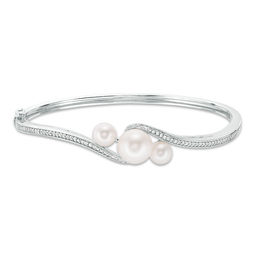 Freshwater Cultured Pearl and Lab-Created White Sapphire Three Stone Bypass Bangle in Sterling Silver