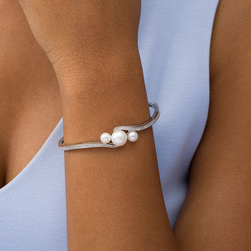 Main Image 2 of Freshwater Cultured Pearl and Lab-Created White Sapphire Three Stone Bypass Bangle in Sterling Silver