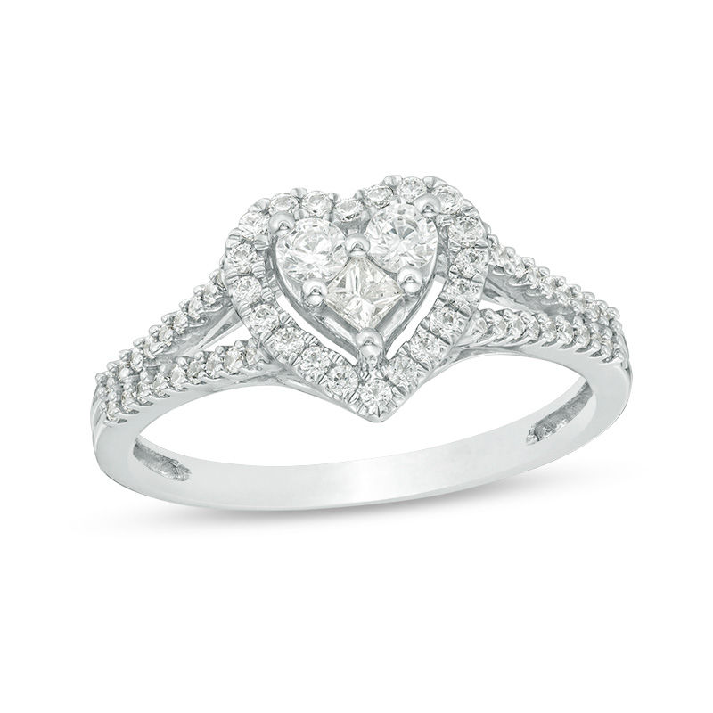 0.45 CT. T.W. Princess-Cut and Round Diamond Heart Frame Ring in 10K White Gold