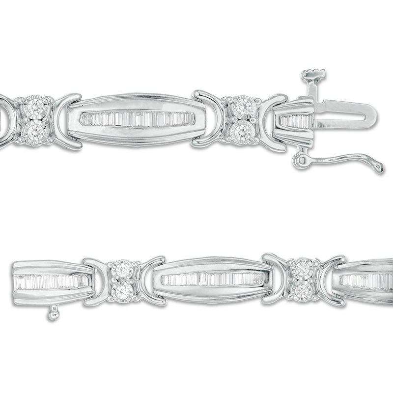 2.00 CT. T.W. Baguette and Round Diamond Link Bracelet in 10K White Gold - 7.5"