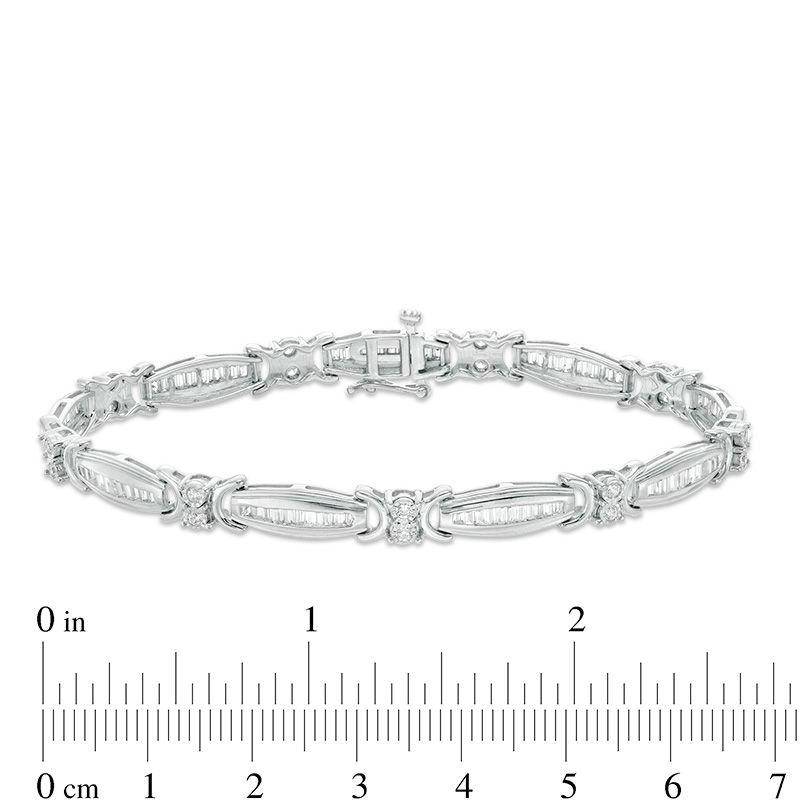 2.00 CT. T.W. Baguette and Round Diamond Link Bracelet in 10K White Gold - 7.5"