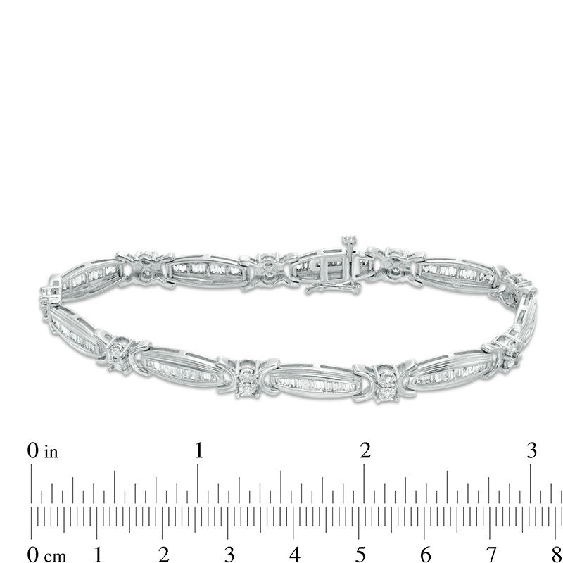 2.00 CT. T.W. Baguette and Round Diamond Link Bracelet in 10K White Gold - 7.5"